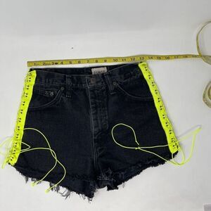 Furst of a Kind Black Neon Yellow Elastic Side Ties High Waist Denim Shorts 26
